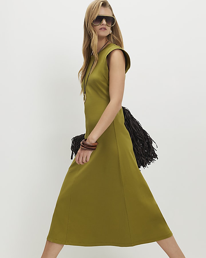 Green Cotton Blend Midi T-shirt Dress