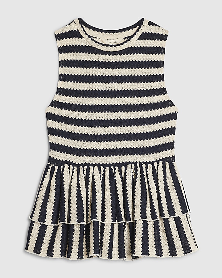 Navy Stripe Textured Peplum Top