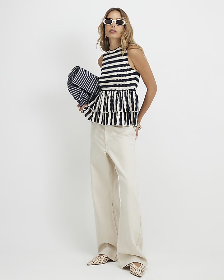 Navy Stripe Textured Peplum Top