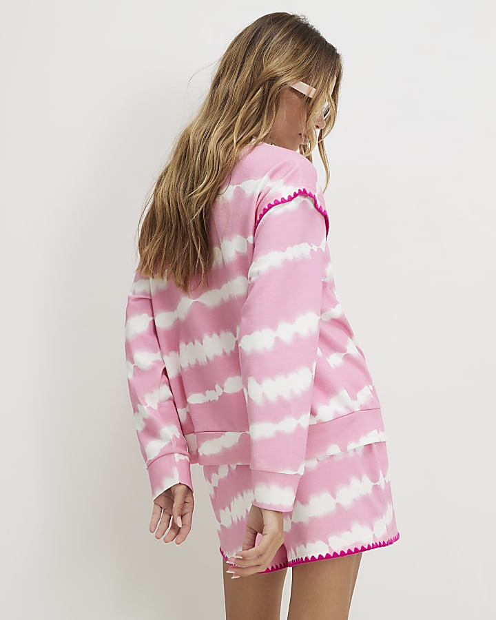 Pink Tie Dye Whipstitch Trim Sweatshirt