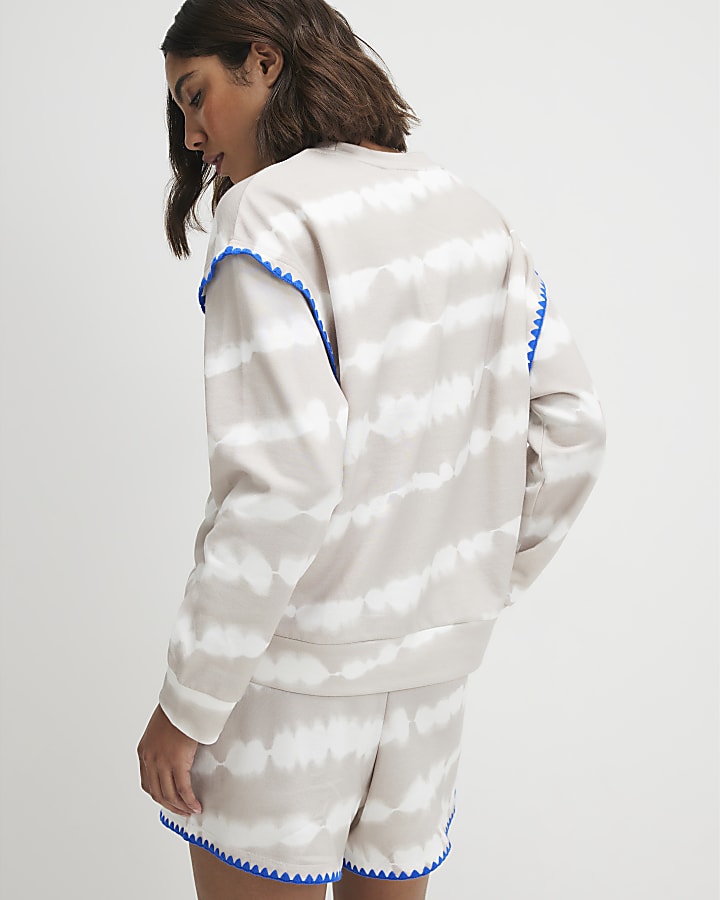 Beige Tie Dye Whipstitch Trim Sweatshirt