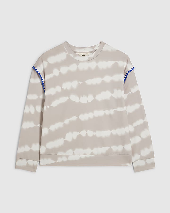 Beige Tie Dye Whipstitch Trim Sweatshirt
