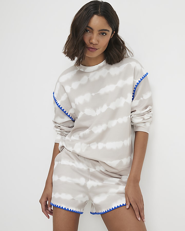 Beige Tie Dye Whipstitch Trim Sweatshirt