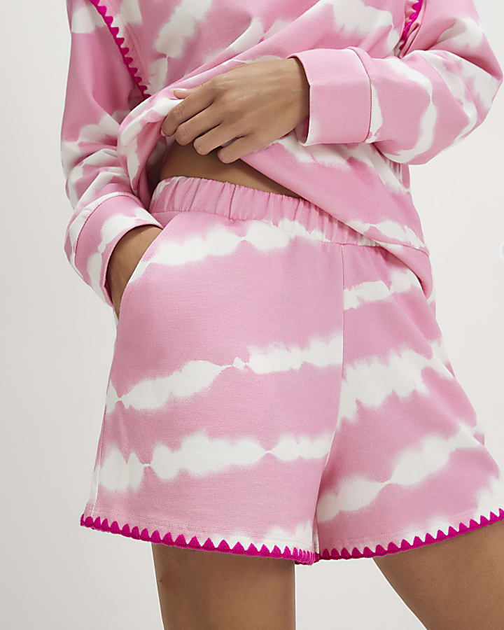 Pink Tie Dye Whipstitch Trim Shorts