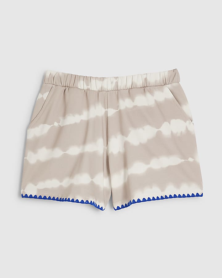 Beige Tie Dye Whipstitch Trim Shorts