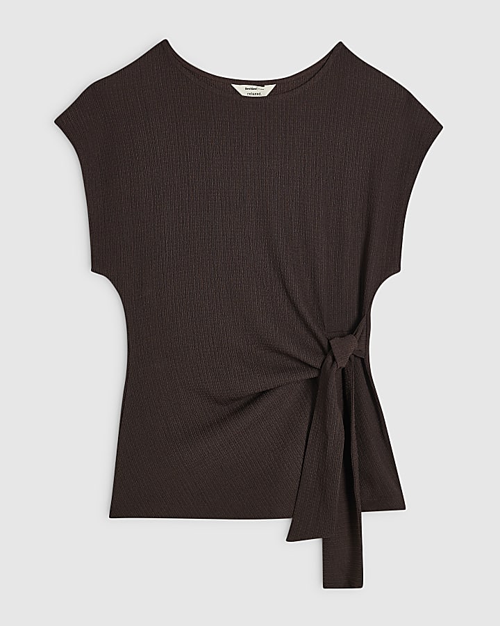 Brown Short Sleeve Textured Tie Side Top