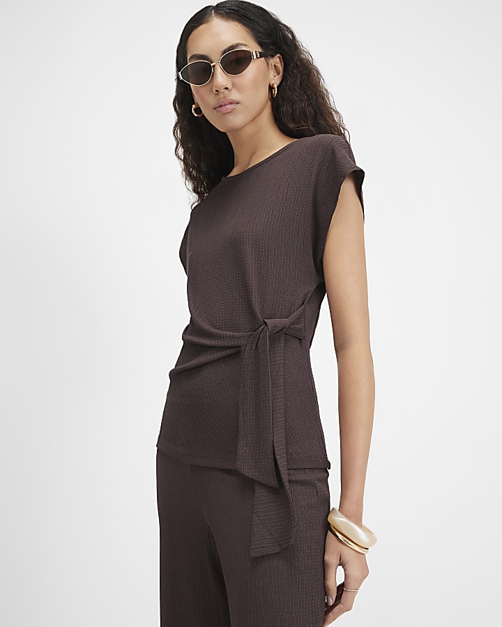Brown Short Sleeve Textured Tie Side Top