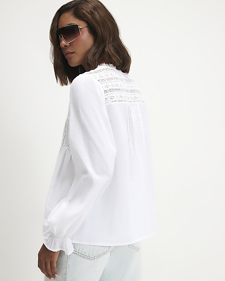 White Cotton Lace Yoke Pintuck Blouse