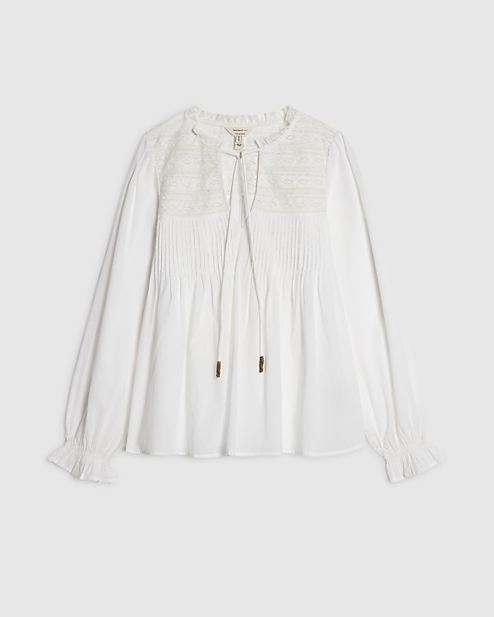 White Cotton Lace Yoke Pintuck Blouse