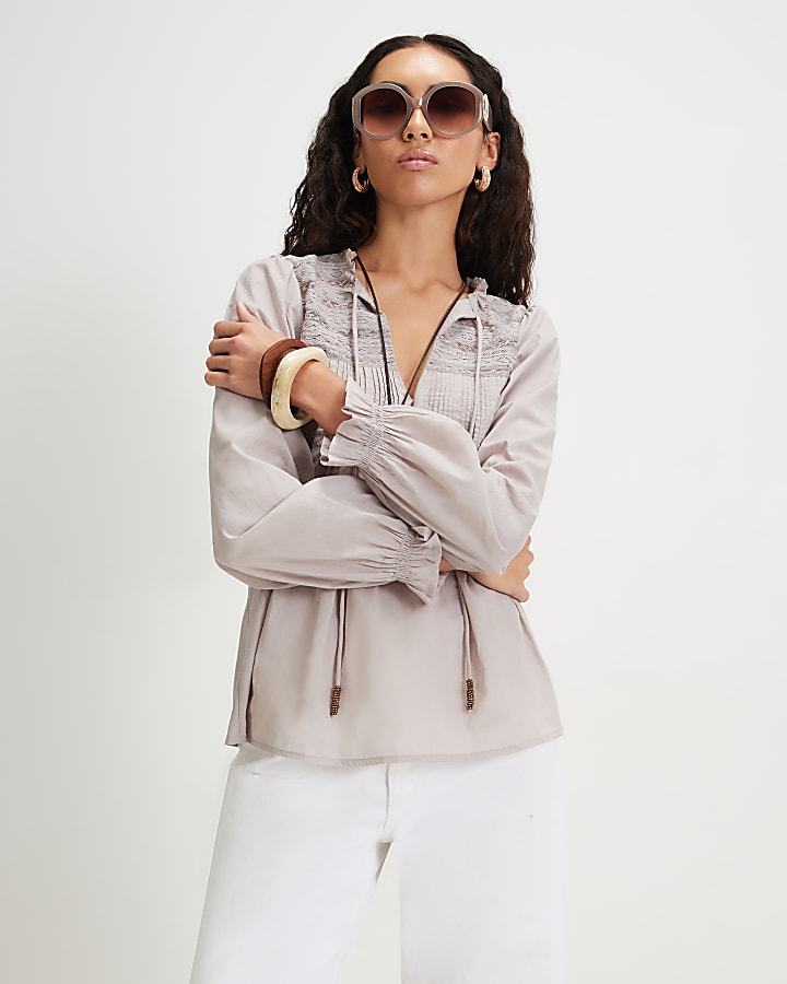 Grey Long Sleeve Lace Yoke Blouse