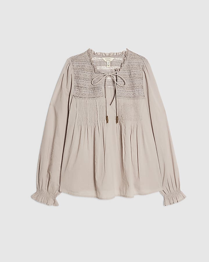 Grey Long Sleeve Lace Yoke Blouse