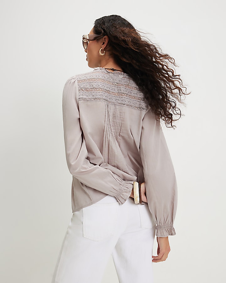 Grey Long Sleeve Lace Yoke Blouse