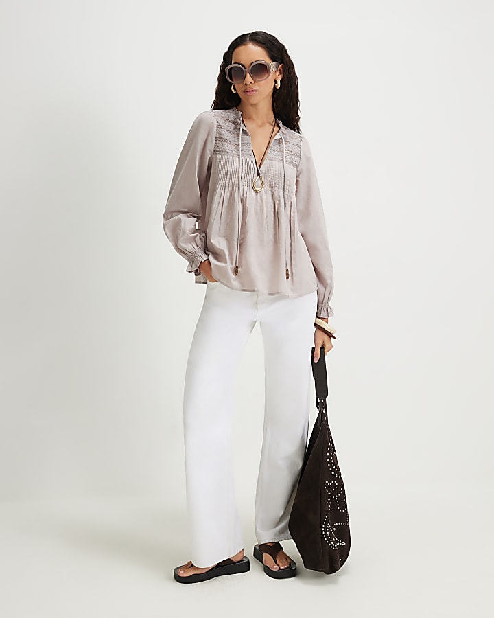 Grey Long Sleeve Lace Yoke Blouse