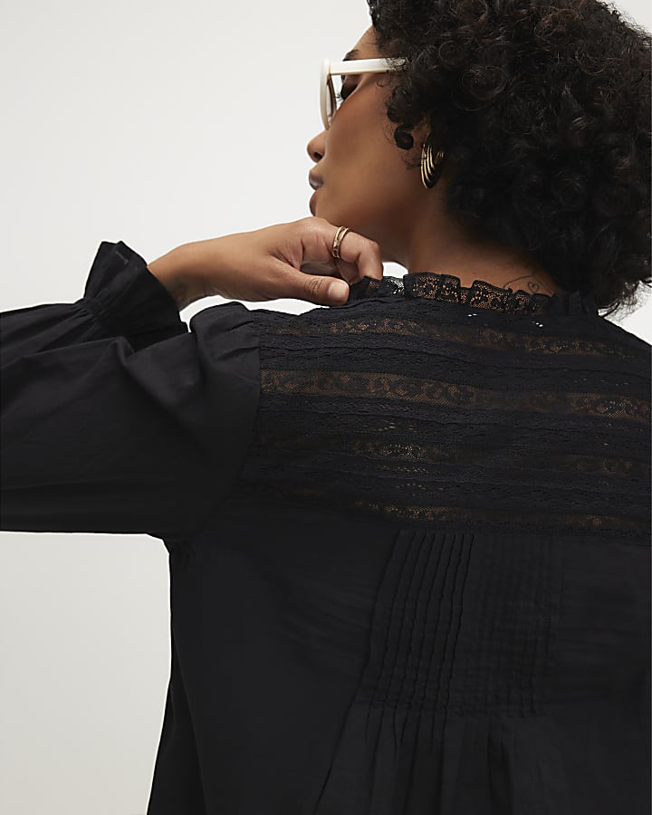 Black Cotton Lace Yoke Pintuck Blouse