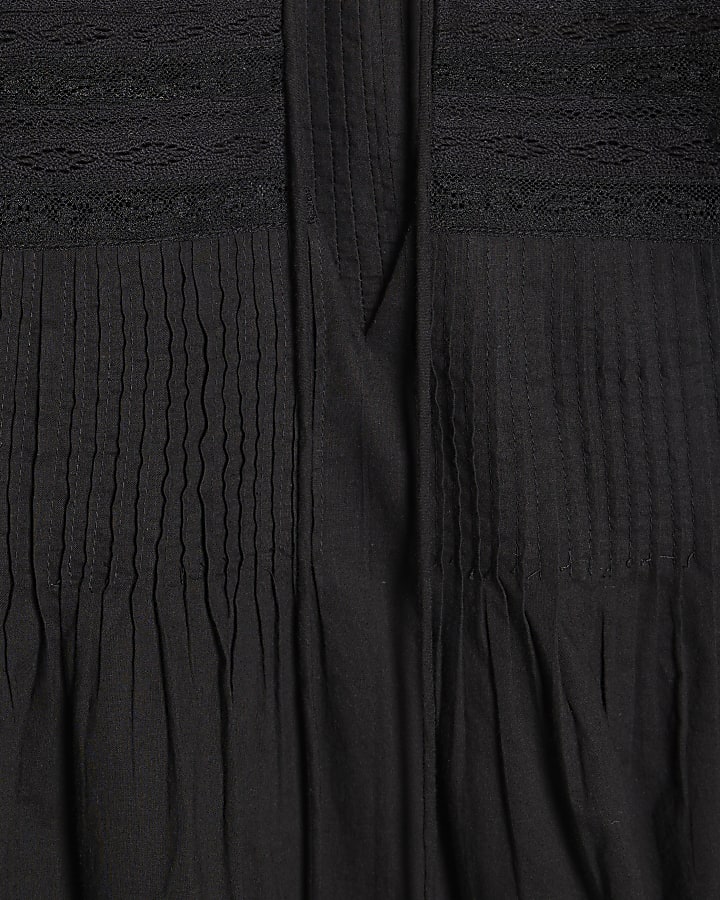 Black Cotton Lace Yoke Pintuck Blouse