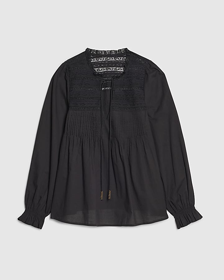 Black Cotton Lace Yoke Pintuck Blouse