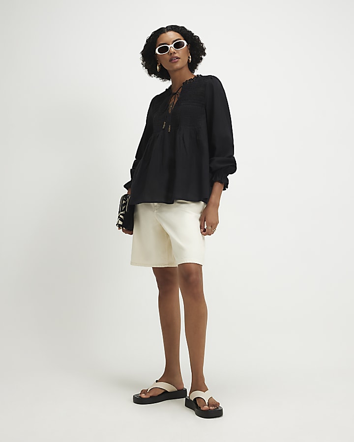 Black Cotton Lace Yoke Pintuck Blouse