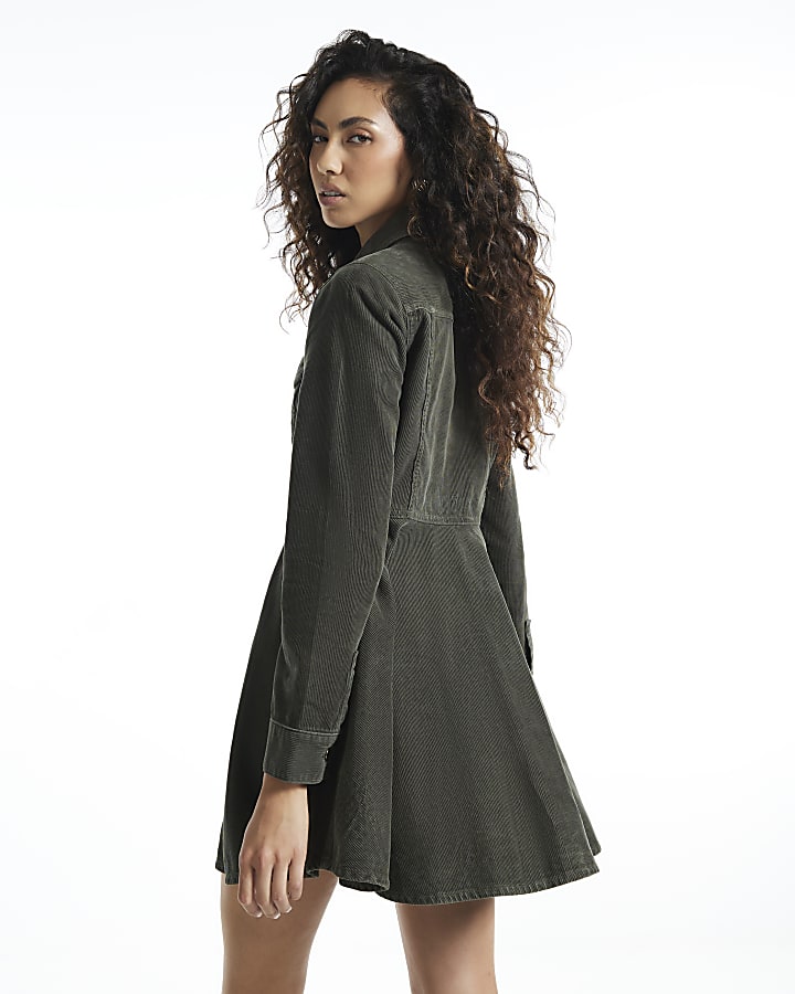 Khaki Corduroy Skater Mini Dress