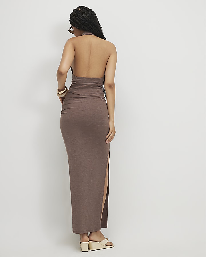 Brown Washed Drape Side Maxi Skirt