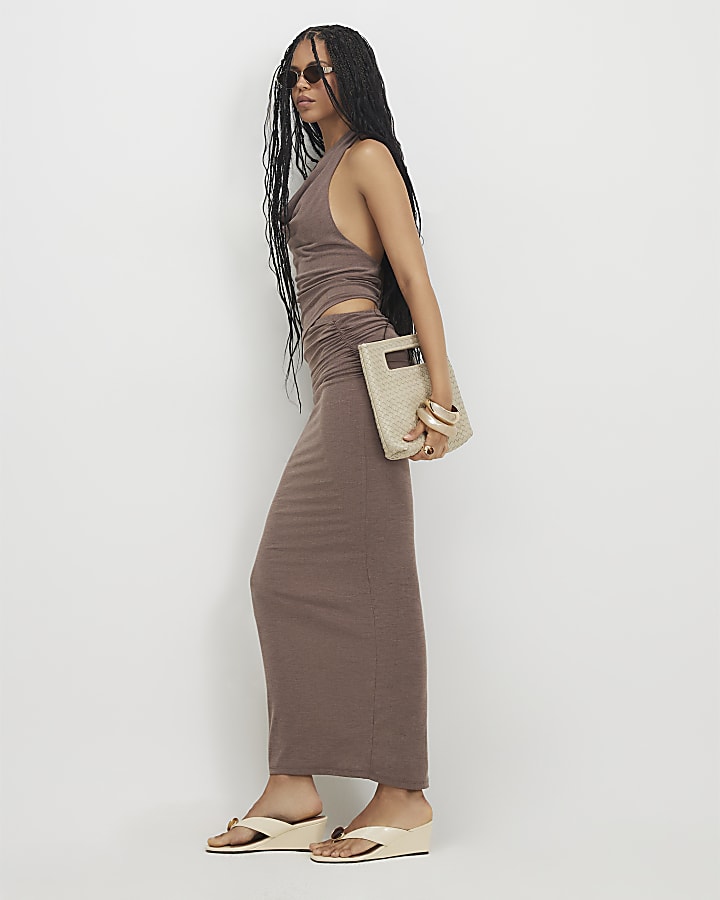 Brown Washed Drape Side Maxi Skirt