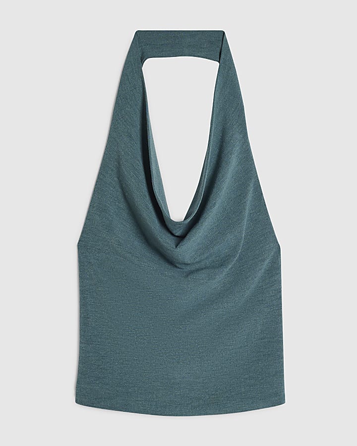 Green Washed Drape Front Halter Neck Top