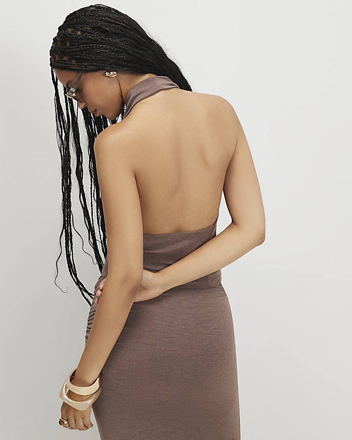 Brown Washed Drape Front Halter Neck Top