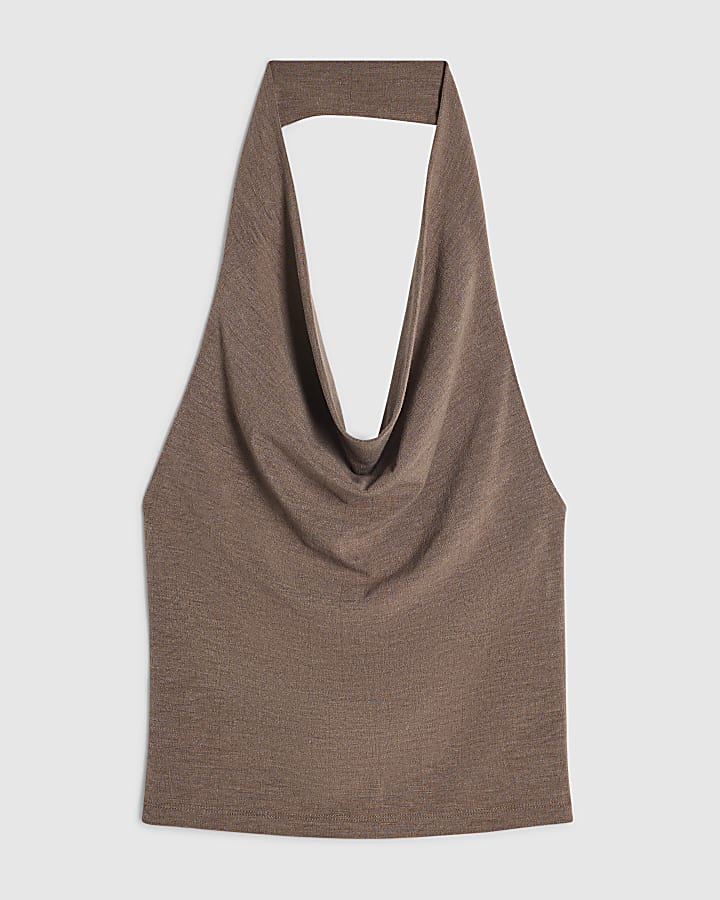 Brown Washed Drape Front Halter Neck Top