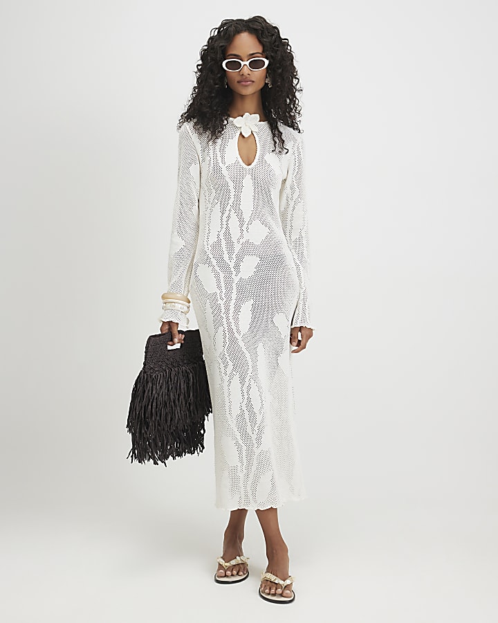 White Crochet Floral Maxi Dress