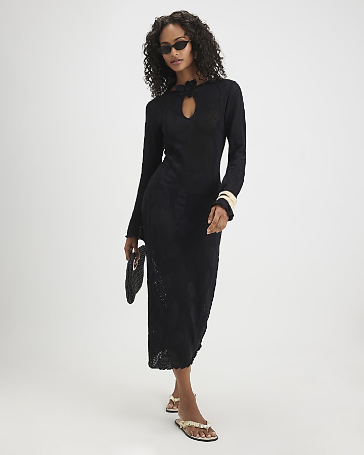 Black Crochet Floral Maxi Dress
