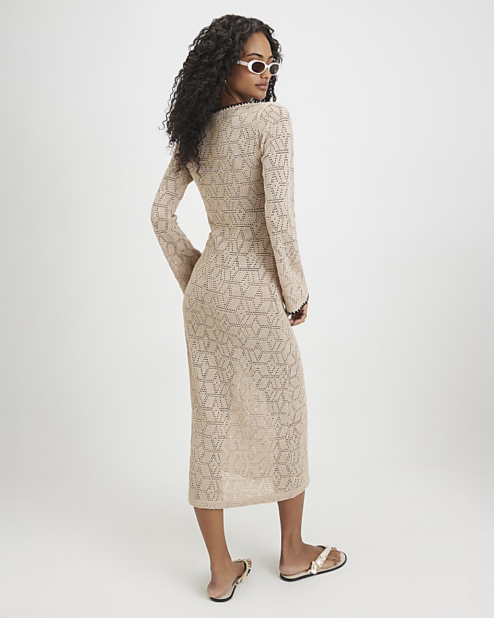 Beige Crochet Whipstitch Maxi Dress