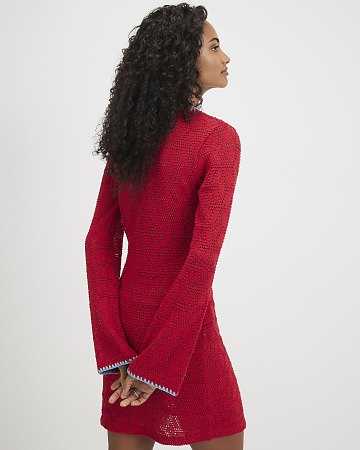 Red Crochet Whipstitch Mini Dress