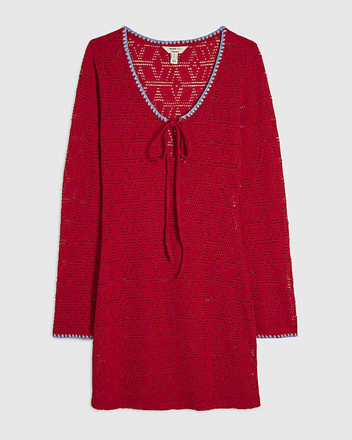 Red Crochet Whipstitch Mini Dress