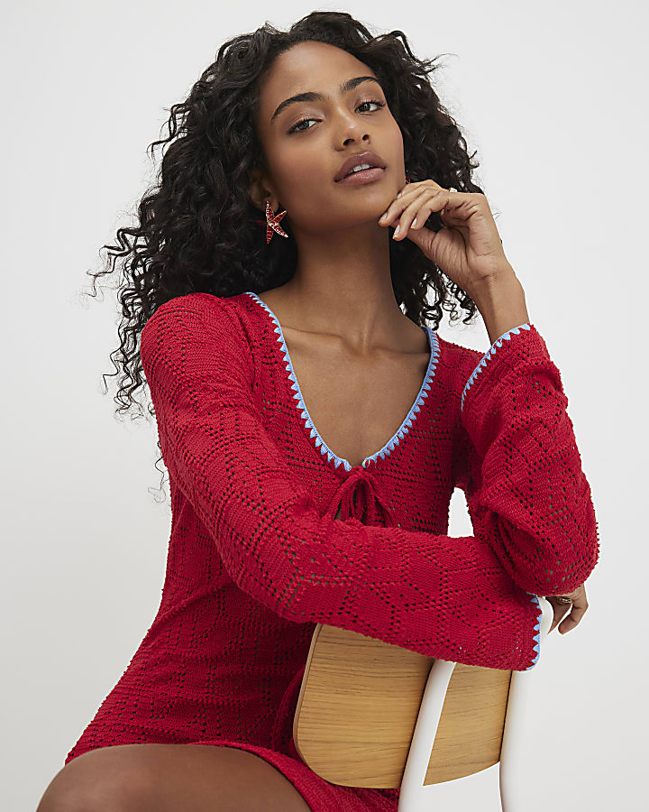 Red Crochet Whipstitch Mini Dress