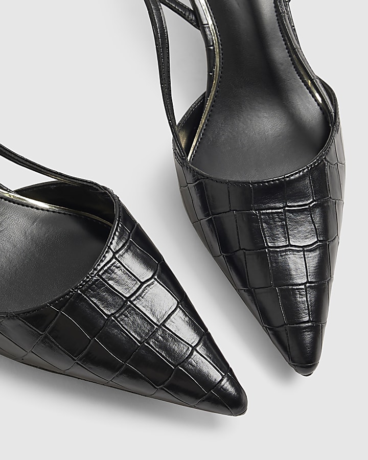 Black Crocodile Slingback Court Heels