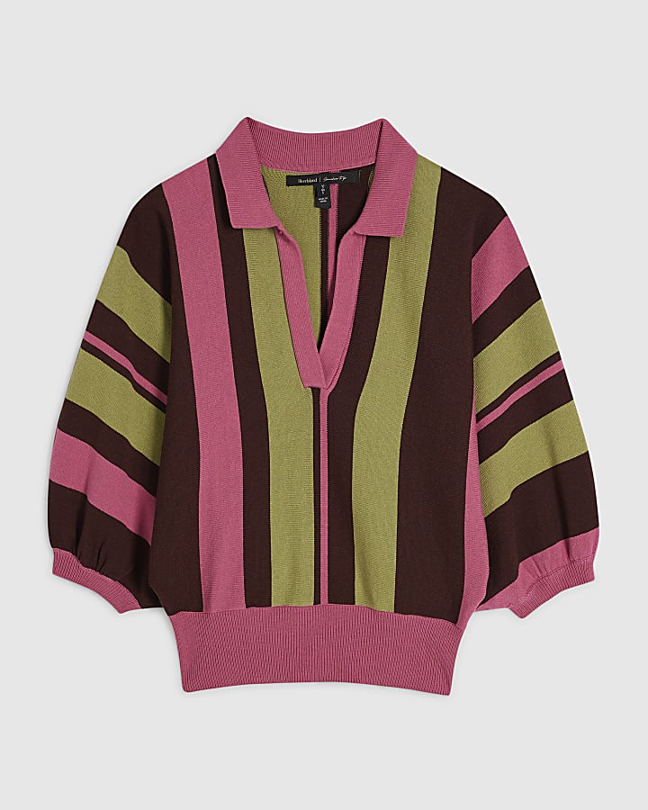 Green Stripe Batwing Knitted Polo Top