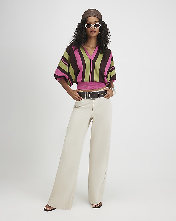 Green Stripe Batwing Knitted Polo Top