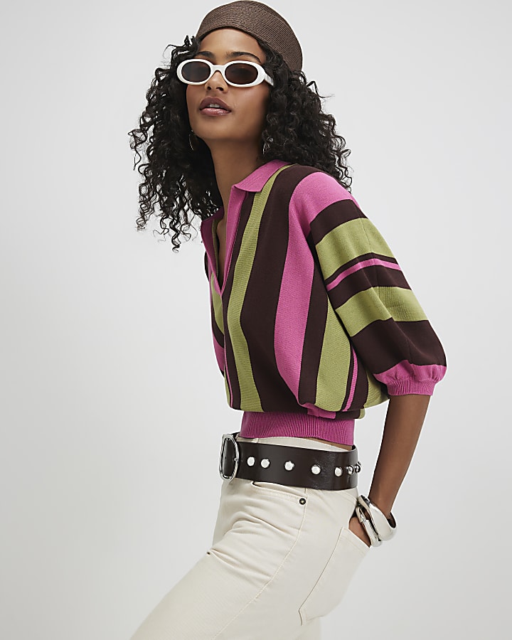 Green Stripe Batwing Knitted Polo Top