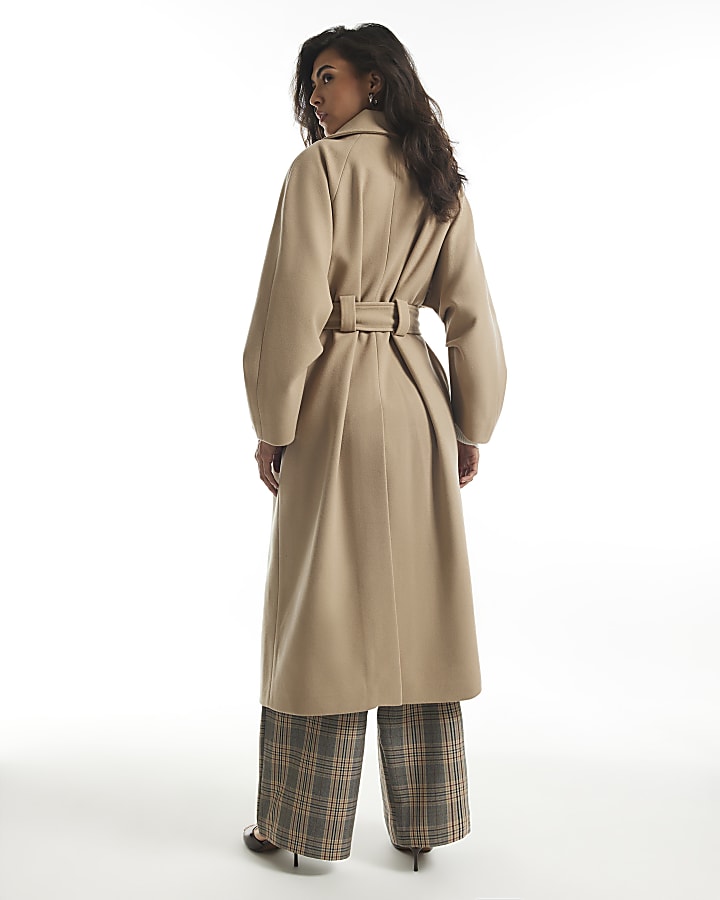 Beige Funnel Neck Robe Coat
