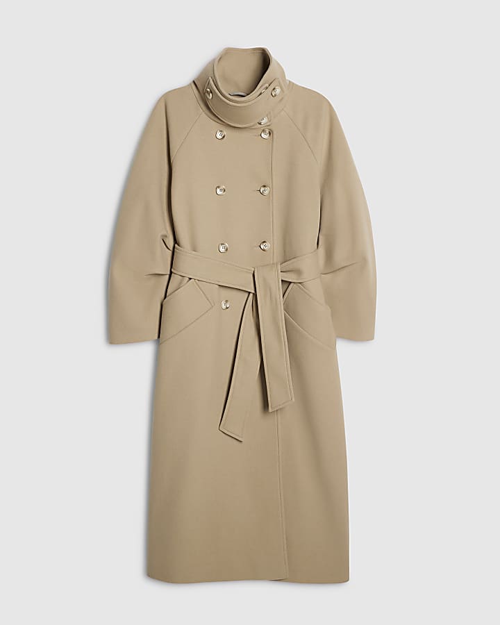 Beige Funnel Neck Robe Coat