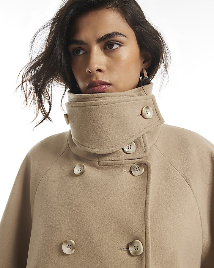 Beige Funnel Neck Robe Coat