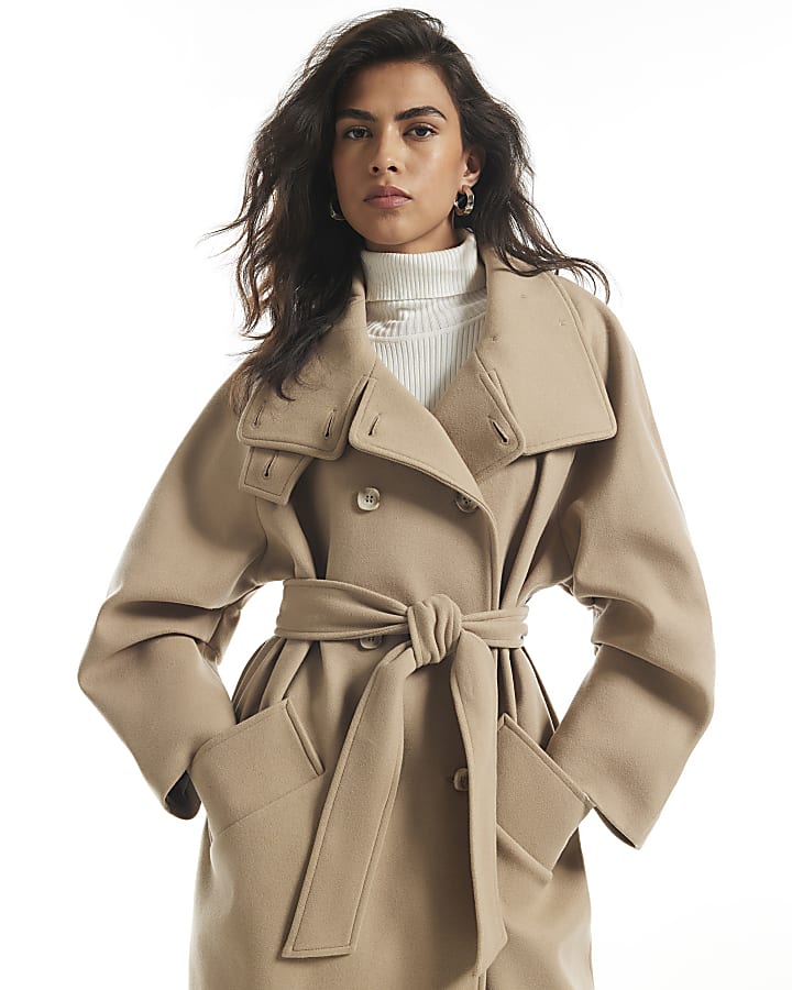 Beige Funnel Neck Robe Coat