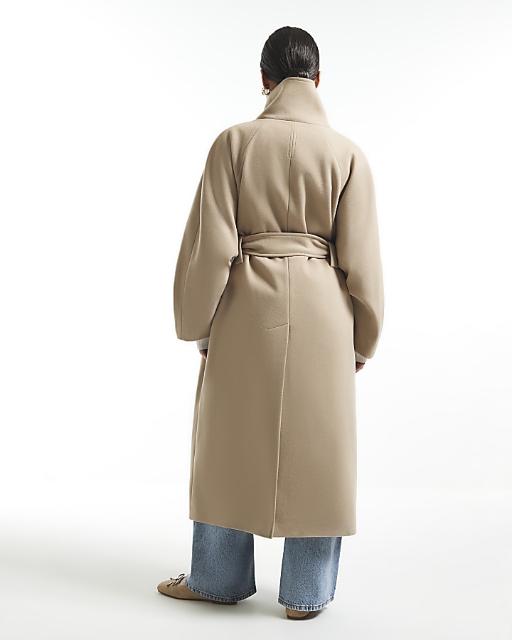 Petite Beige Funnel Neck Robe Coat