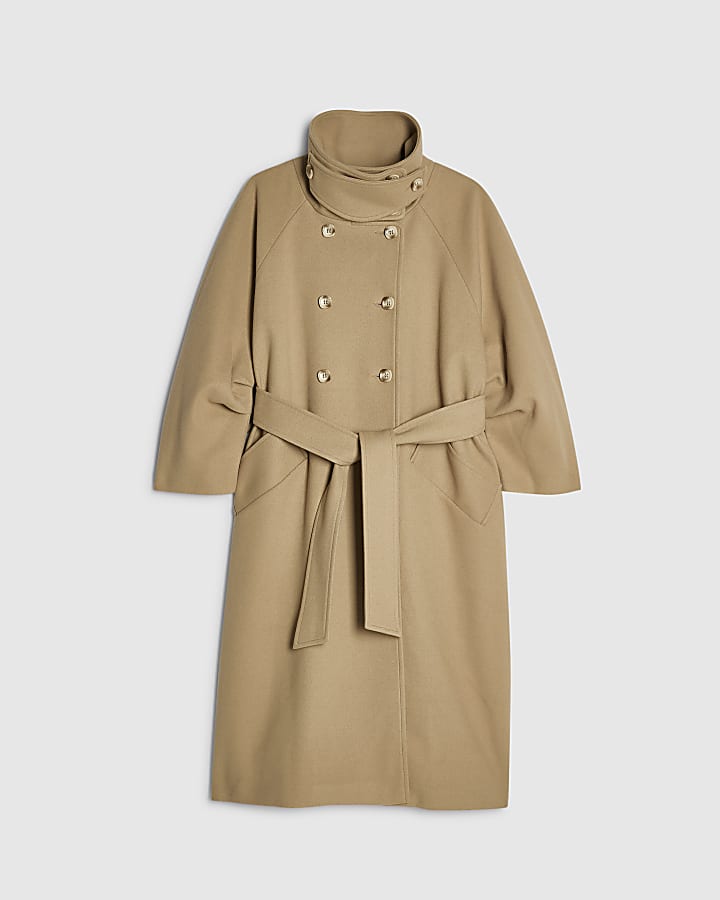 Petite Beige Funnel Neck Robe Coat