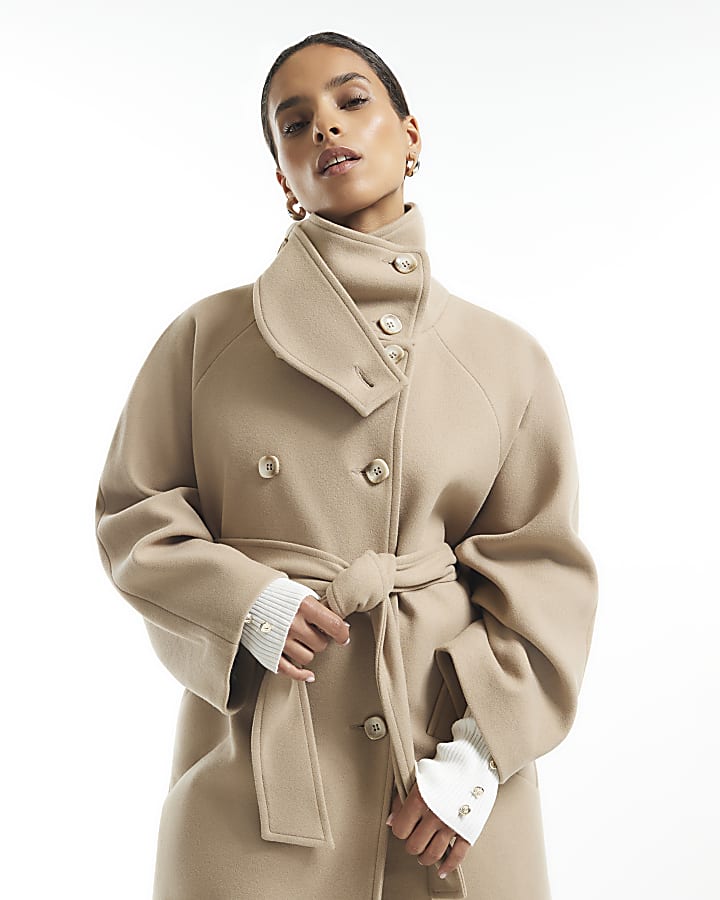 Petite Beige Funnel Neck Robe Coat