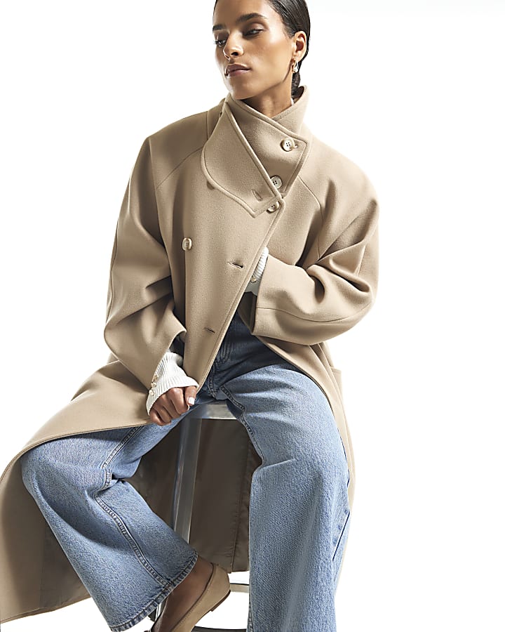 Petite Beige Funnel Neck Robe Coat