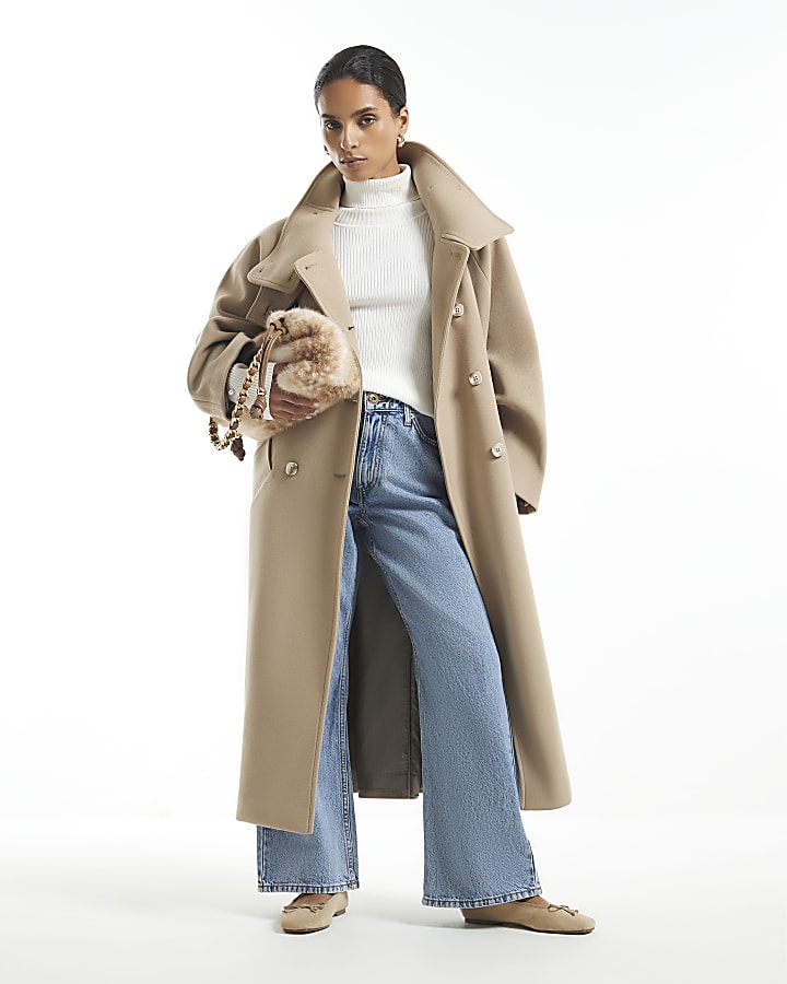 Petite Beige Funnel Neck Robe Coat