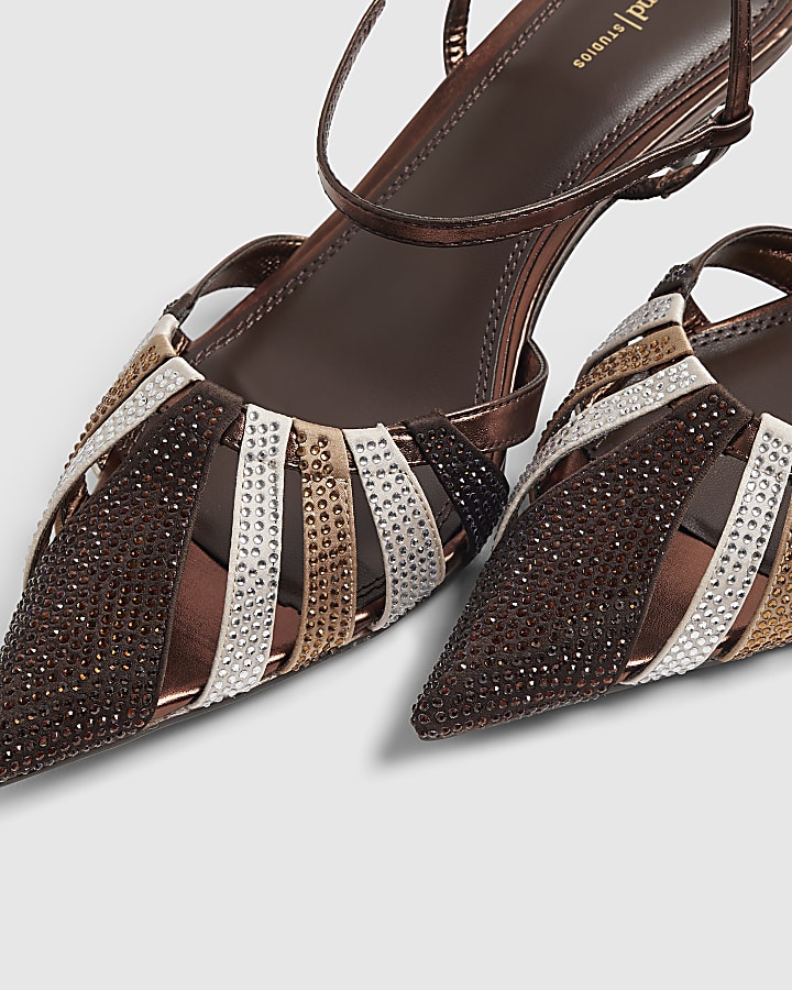 Brown Diamante Caged Court Heels
