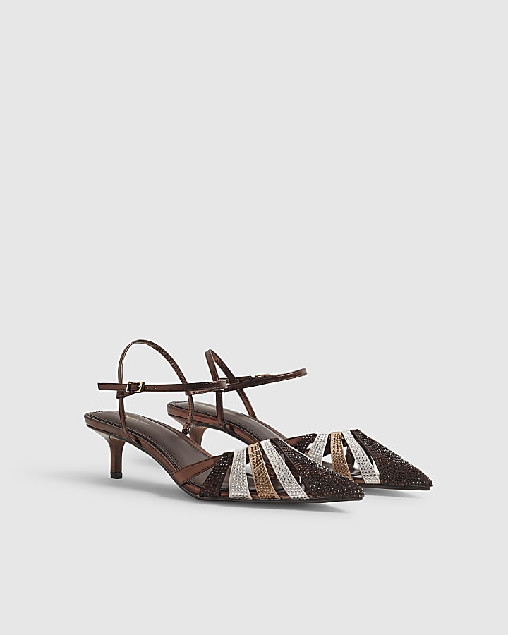 Brown Diamante Caged Court Heels