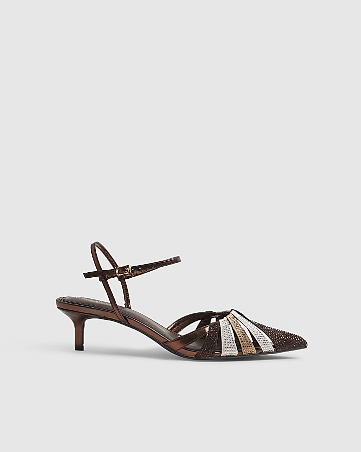 Brown Diamante Caged Court Heels