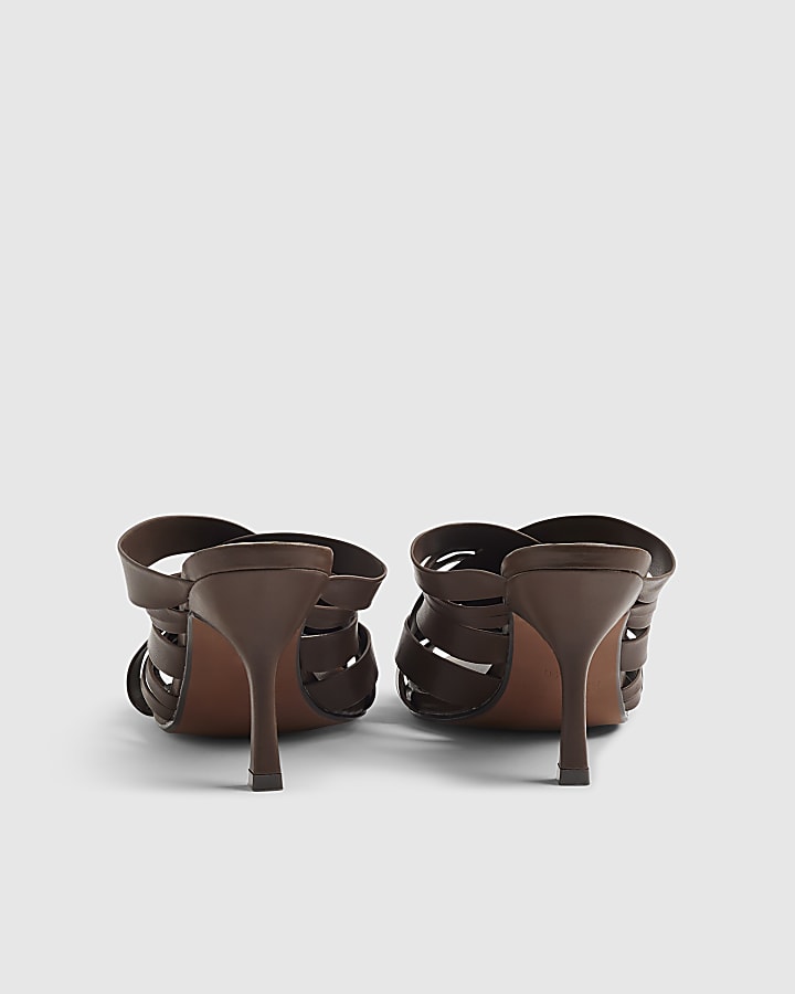 Brown Weave Heeled Mule Sandals